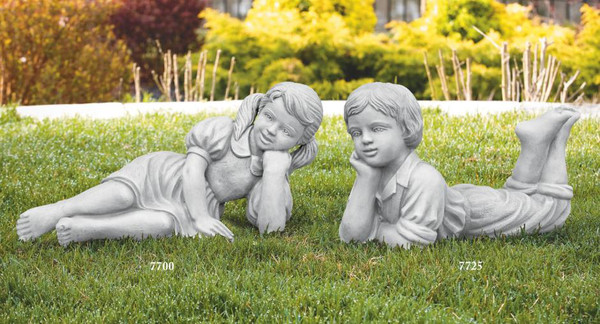 Seedlings Reclining Girl and Boy Statues Laying on belly Children Cement
